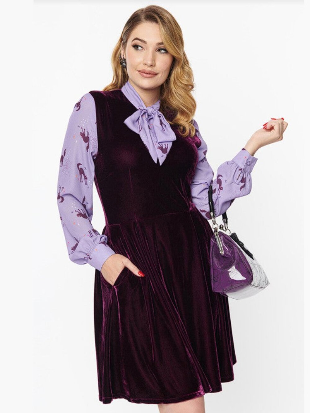Smak Parlour Purple Velvet & Scaredy Cat Print She.E.O. Flare Dress, Small